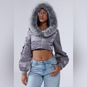 AKIRA Silver Bomber Jacket with Fur Trim